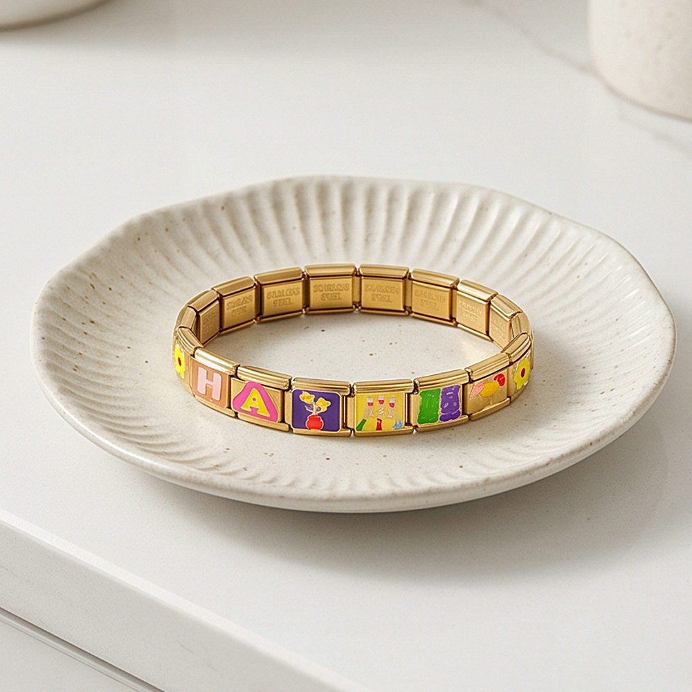 DIY all-gold colored drip stainless steel Italian modular bracelet, detachable elastic bracelet, gift.