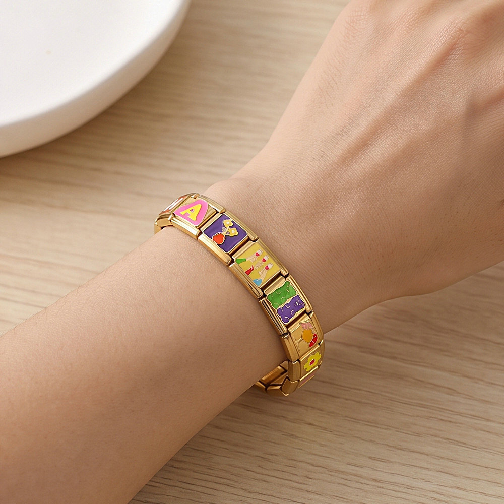 DIY all-gold colored drip stainless steel Italian modular bracelet, detachable elastic bracelet, gift.