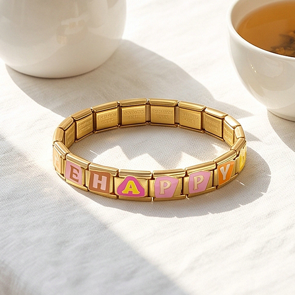 DIY all-gold colored drip stainless steel Italian modular bracelet, detachable elastic bracelet, gift.