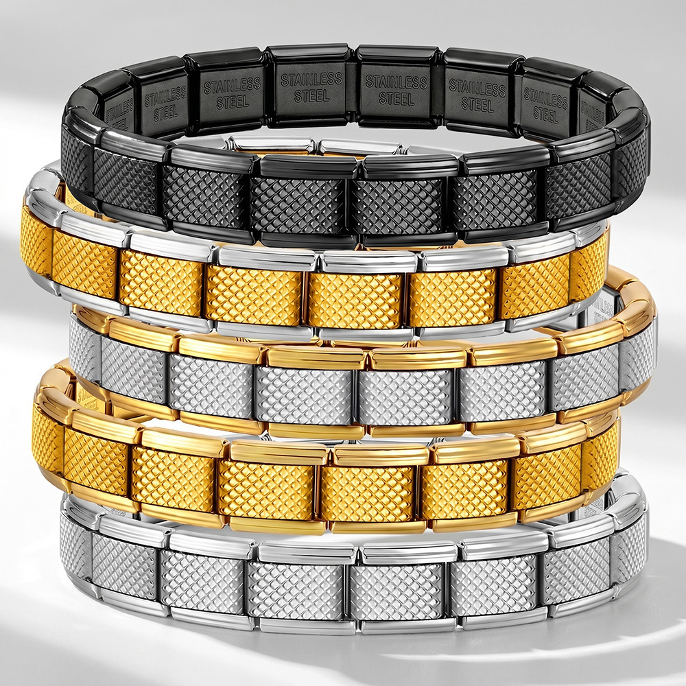 Multi-color grid textured Italian modular stainless steel DIY men's elastic patchwork bracelet accessory