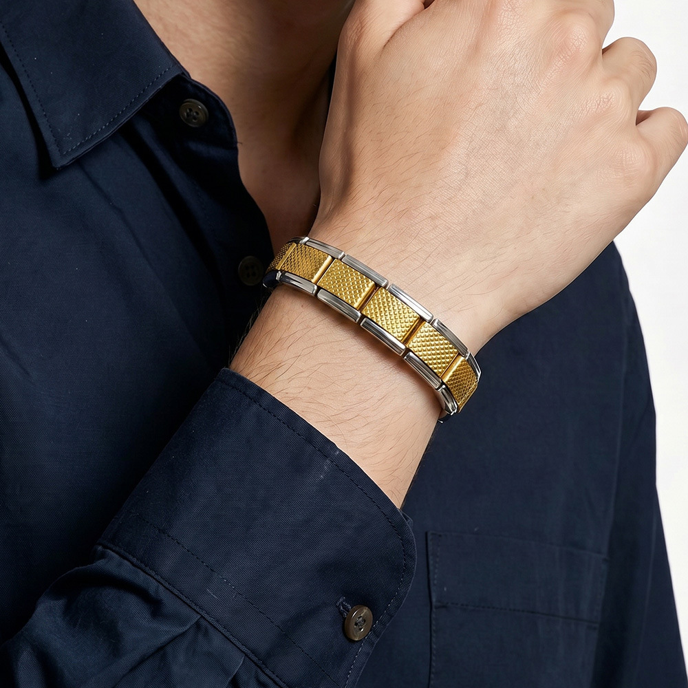 Multi-color grid textured Italian modular stainless steel DIY men's elastic patchwork bracelet accessory