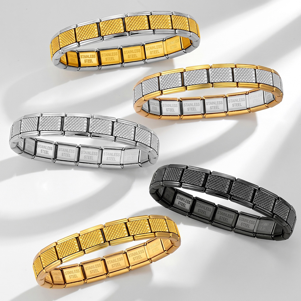 Multi-color grid textured Italian modular stainless steel DIY men's elastic patchwork bracelet accessory