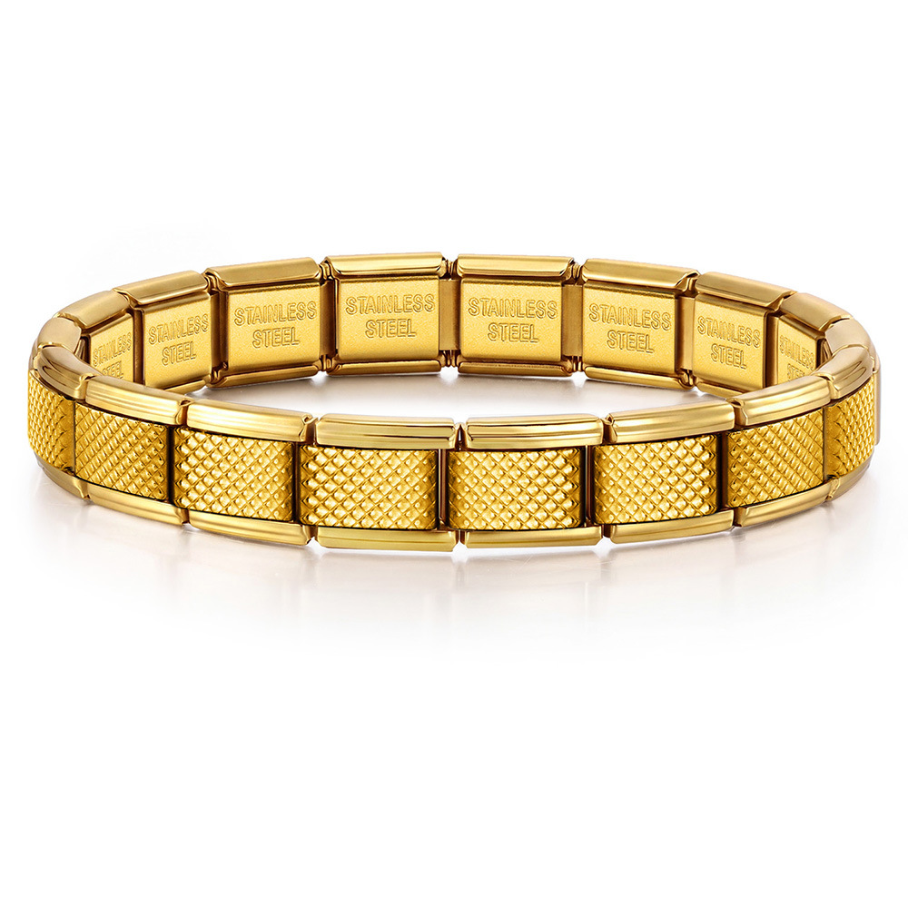 Multi-color grid textured Italian modular stainless steel DIY men's elastic patchwork bracelet accessory