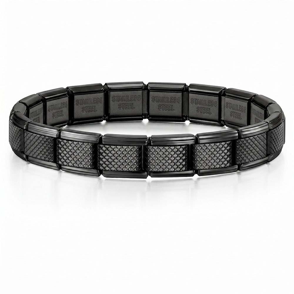 Multi-color grid textured Italian modular stainless steel DIY men's elastic patchwork bracelet accessory