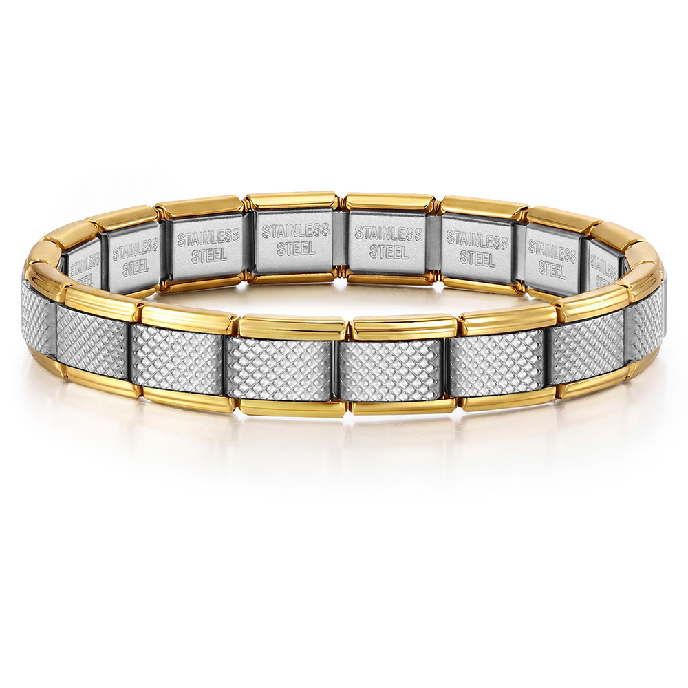 Multi-color grid textured Italian modular stainless steel DIY men's elastic patchwork bracelet accessory