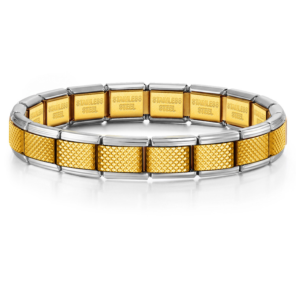 Multi-color grid textured Italian modular stainless steel DIY men's elastic patchwork bracelet accessory