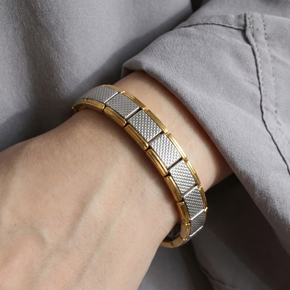 Multi-color grid textured Italian modular stainless steel DIY men's elastic patchwork bracelet accessory