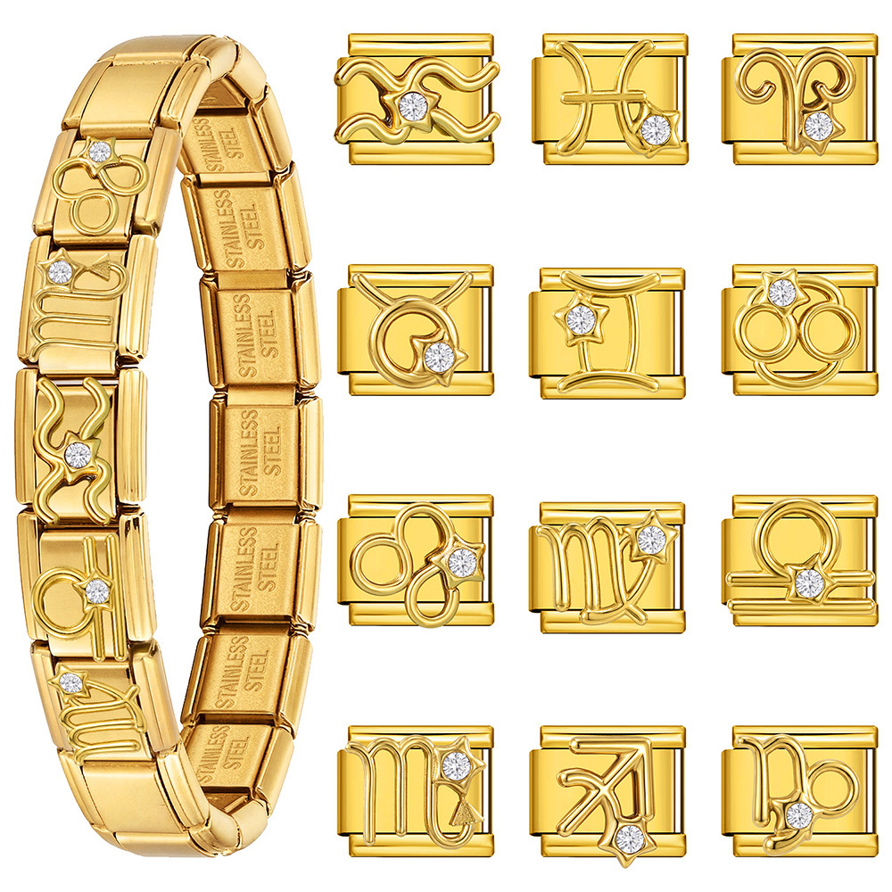 All-gold 3D 12 Constellation Diamond-set Italian Modular Bracelet, Stainless Steel DIY Elastic Interlocking Bracelet