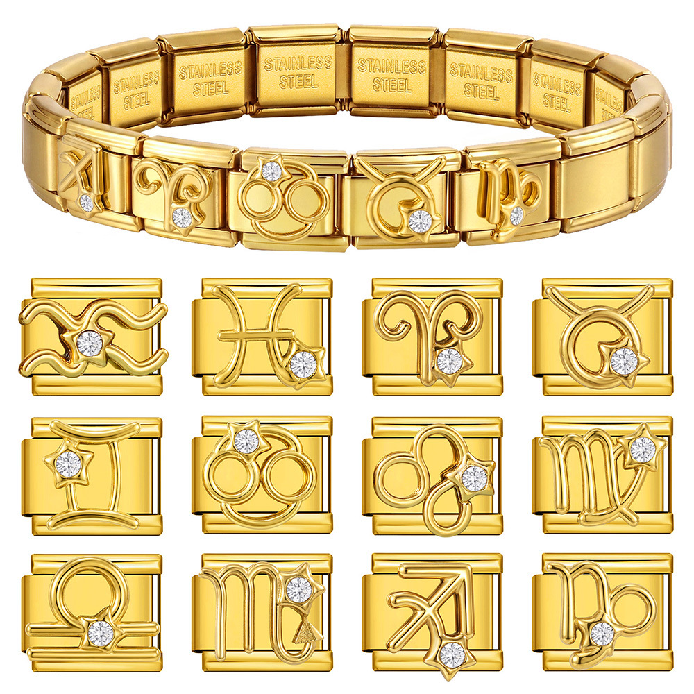 All-gold 3D 12 Constellation Diamond-set Italian Modular Bracelet, Stainless Steel DIY Elastic Interlocking Bracelet