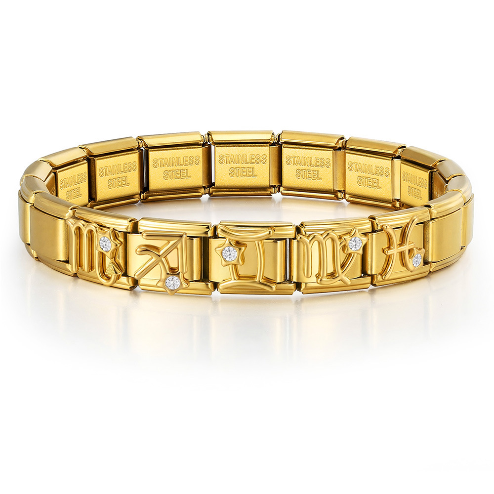 All-gold 3D 12 Constellation Diamond-set Italian Modular Bracelet, Stainless Steel DIY Elastic Interlocking Bracelet