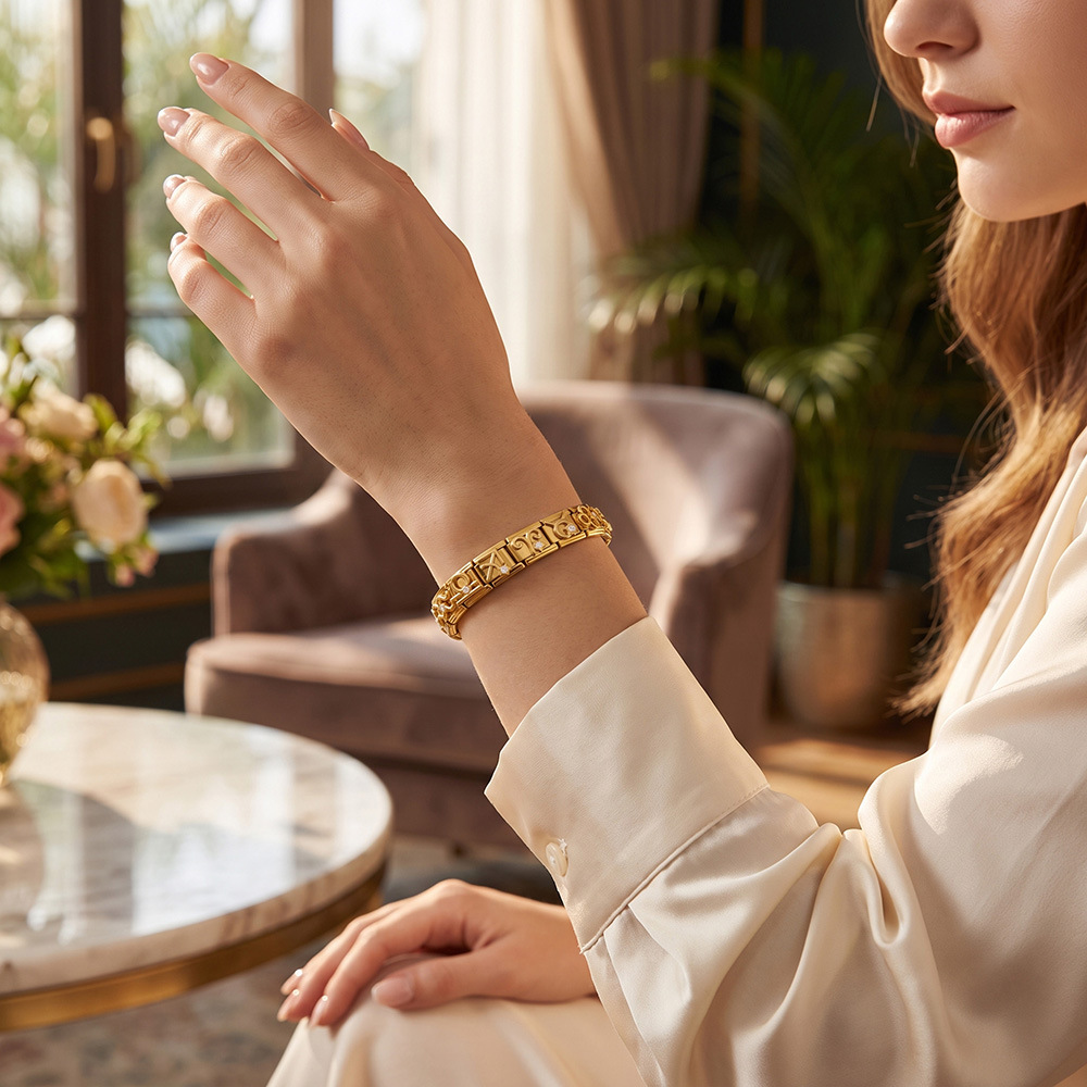 All-gold 3D 12 Constellation Diamond-set Italian Modular Bracelet, Stainless Steel DIY Elastic Interlocking Bracelet