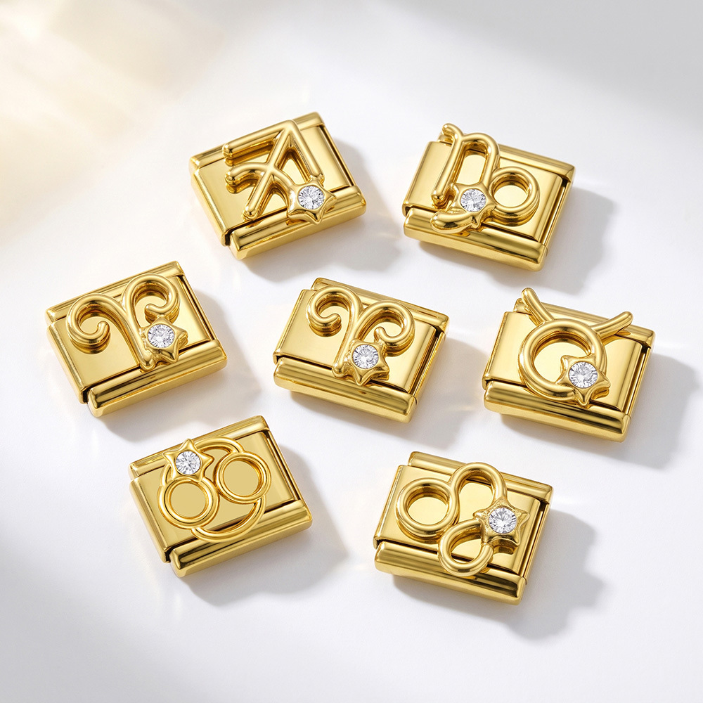 All-gold 3D 12 Constellation Diamond-set Italian Modular Bracelet, Stainless Steel DIY Elastic Interlocking Bracelet