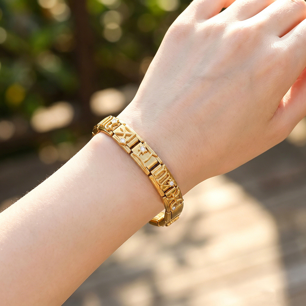 All-gold 3D 12 Constellation Diamond-set Italian Modular Bracelet, Stainless Steel DIY Elastic Interlocking Bracelet