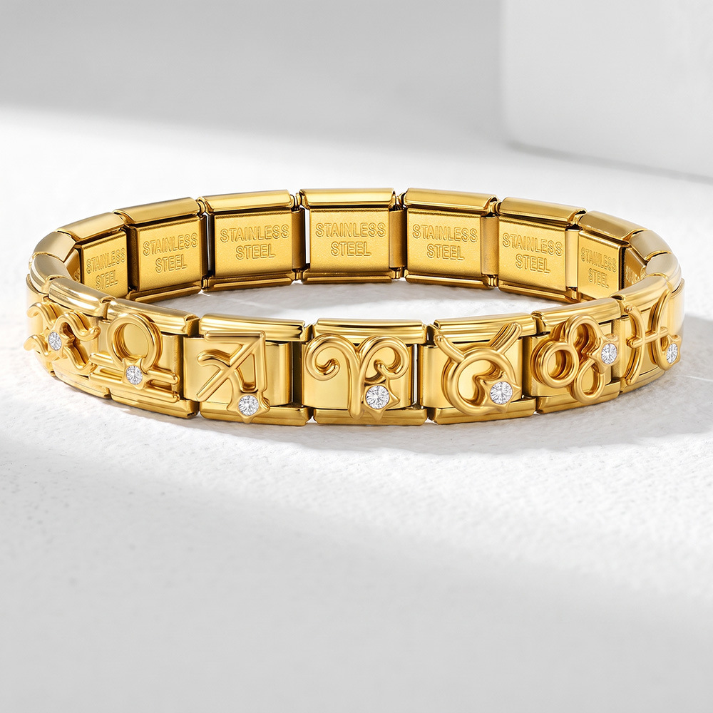 All-gold 3D 12 Constellation Diamond-set Italian Modular Bracelet, Stainless Steel DIY Elastic Interlocking Bracelet
