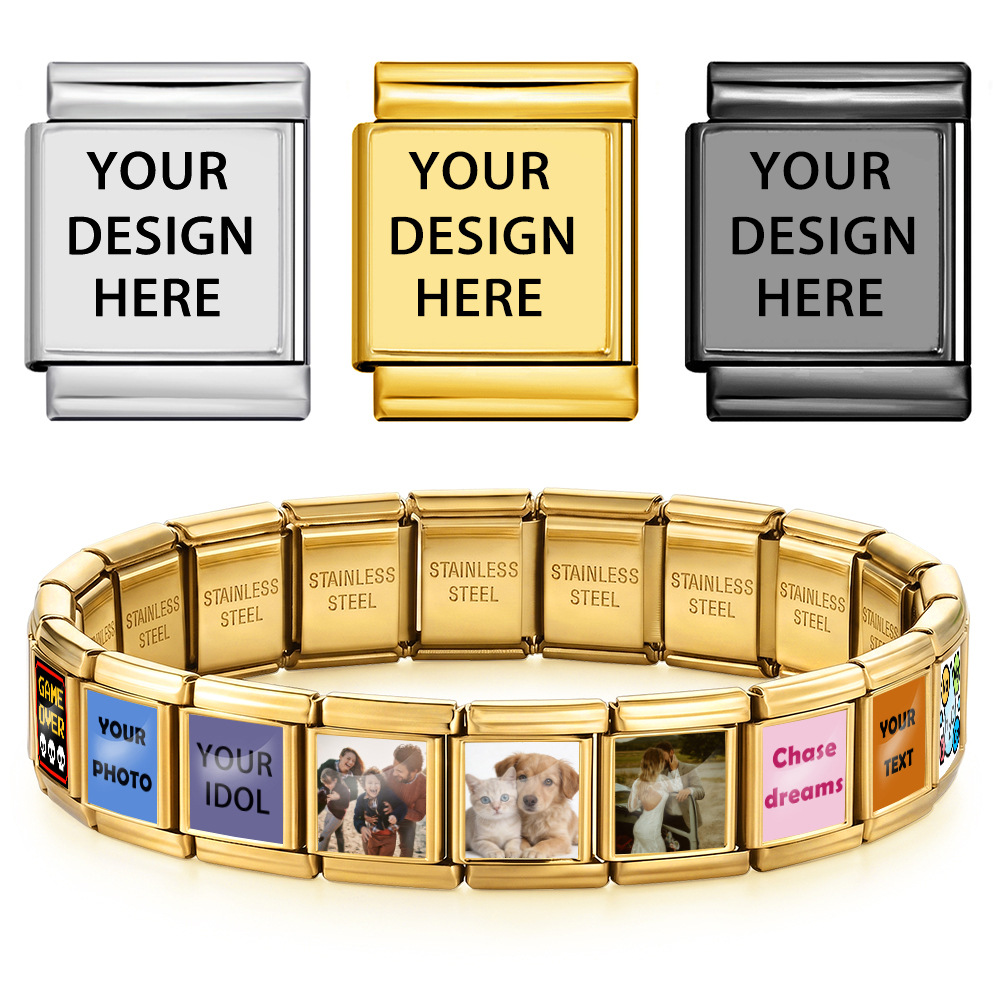 Personalized custom photo Italian modular bracelet, 13mm rectangular stainless steel narrow version, concave surface, DIY accessory.