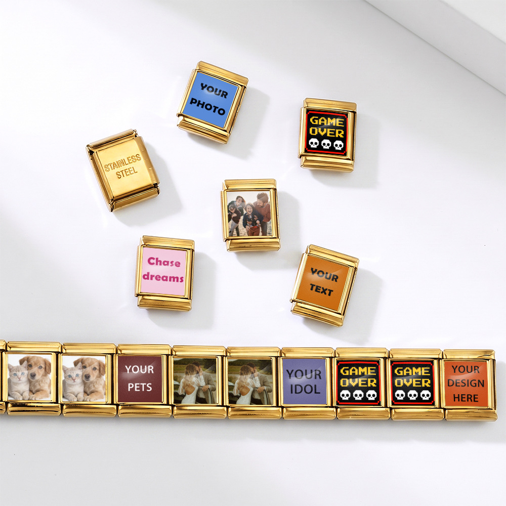 Personalized custom photo Italian modular bracelet, 13mm rectangular stainless steel narrow version, concave surface, DIY accessory.