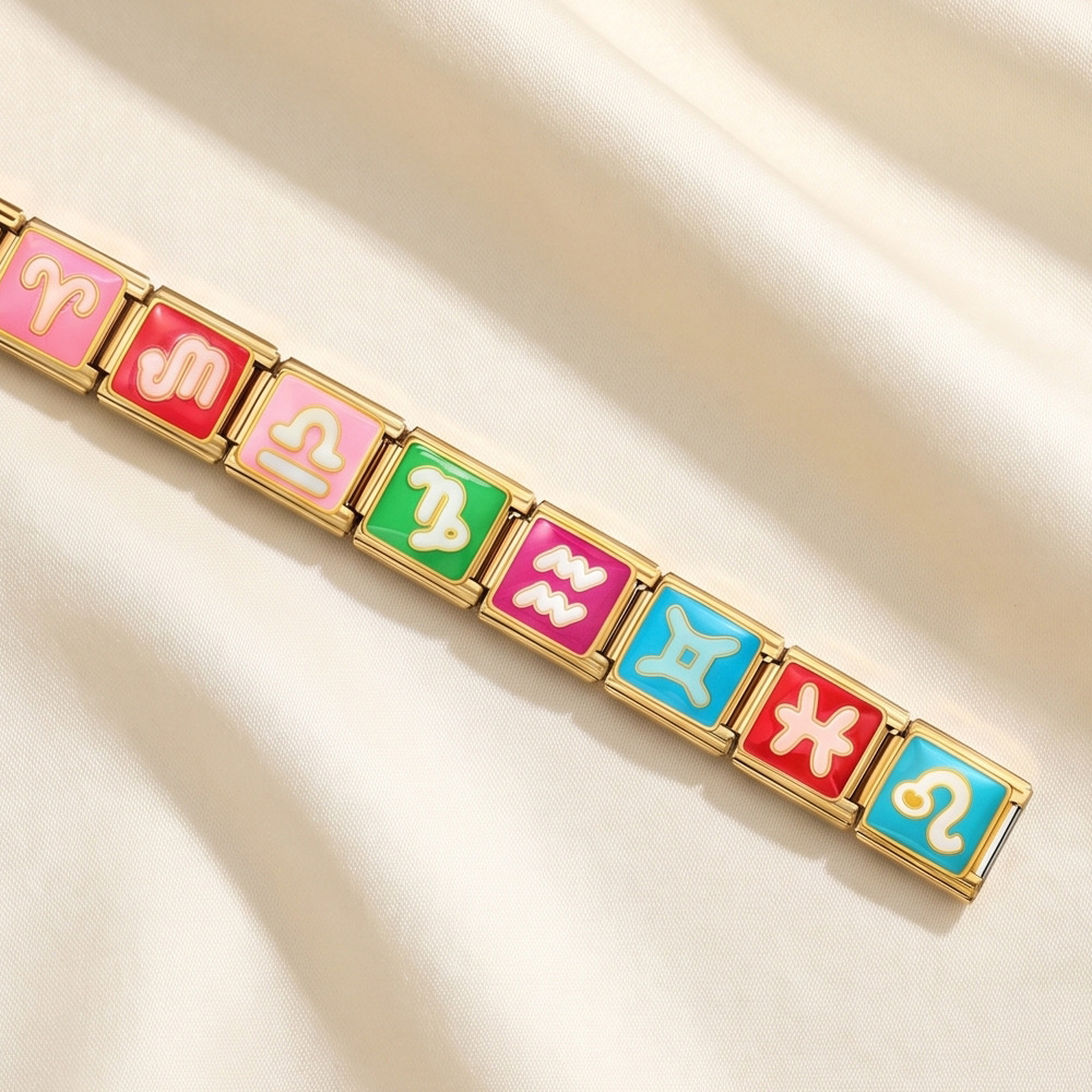 Gold-plated, colorful 12 constellation Italian modular bracelet, stainless steel gold-plated, welded, oil-dripping DIY elastic bracelet.