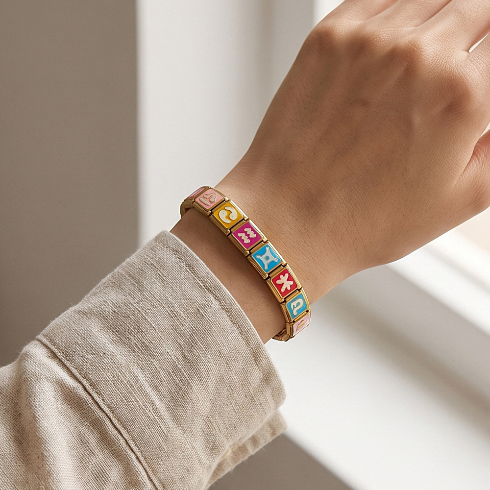 Gold-plated, colorful 12 constellation Italian modular bracelet, stainless steel gold-plated, welded, oil-dripping DIY elastic bracelet.