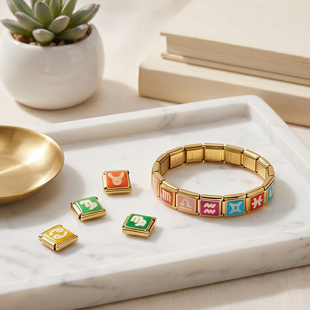 Gold-plated, colorful 12 constellation Italian modular bracelet, stainless steel gold-plated, welded, oil-dripping DIY elastic bracelet.