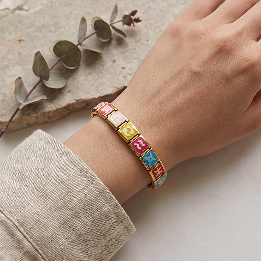 Gold-plated, colorful 12 constellation Italian modular bracelet, stainless steel gold-plated, welded, oil-dripping DIY elastic bracelet.