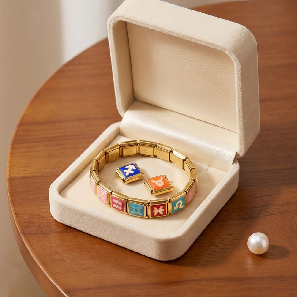 Gold-plated, colorful 12 constellation Italian modular bracelet, stainless steel gold-plated, welded, oil-dripping DIY elastic bracelet.