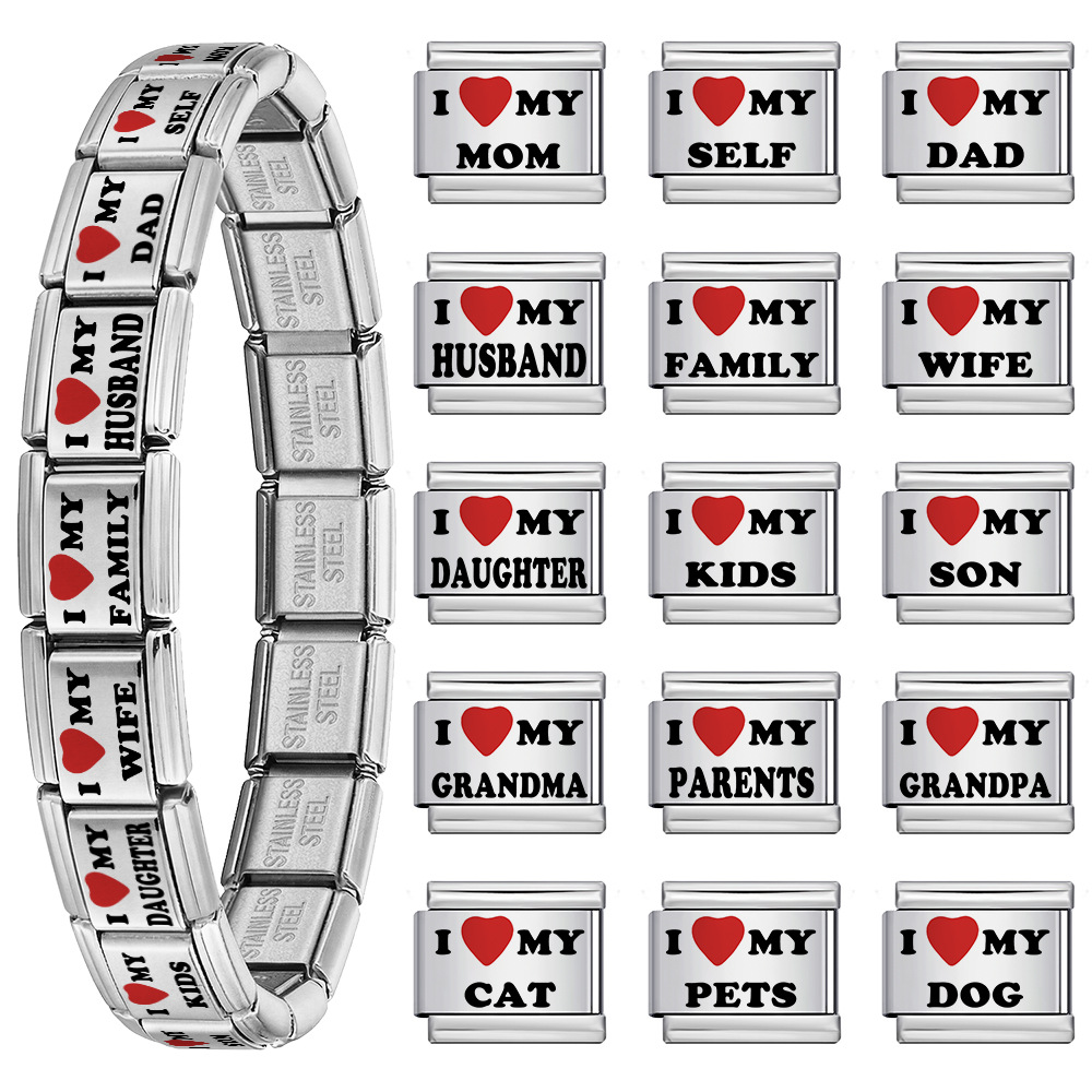 Laser-engraved red heart and English letter Italian modular bracelet DIY free splicing bracelet accessory