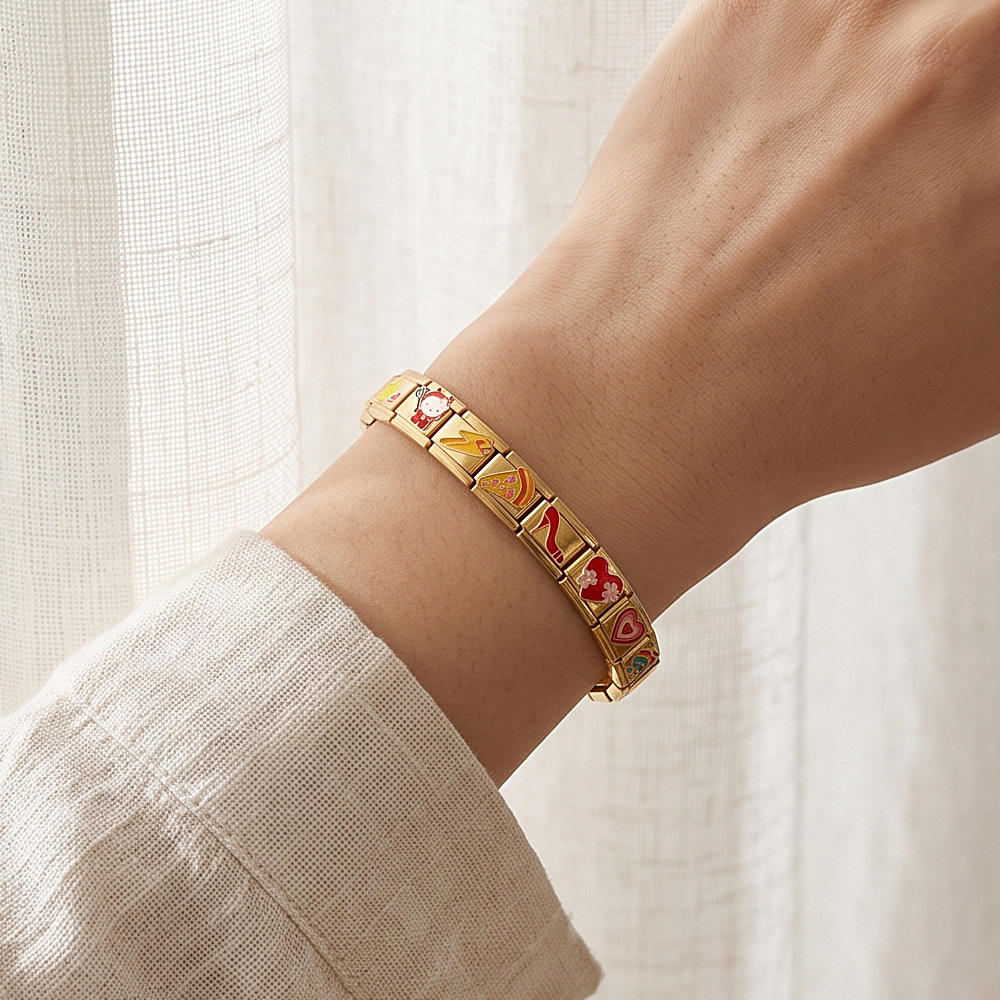 Cross-border hot-selling all-gold Italian modular bracelet, stainless steel welded with dripping pattern, elastic splicing accessory