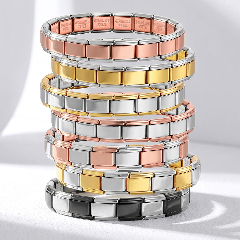 Titanium steel vacuum-plated real gold IP electroplated Italian modular bracelet basic elastic watch strap chain Italian Charm