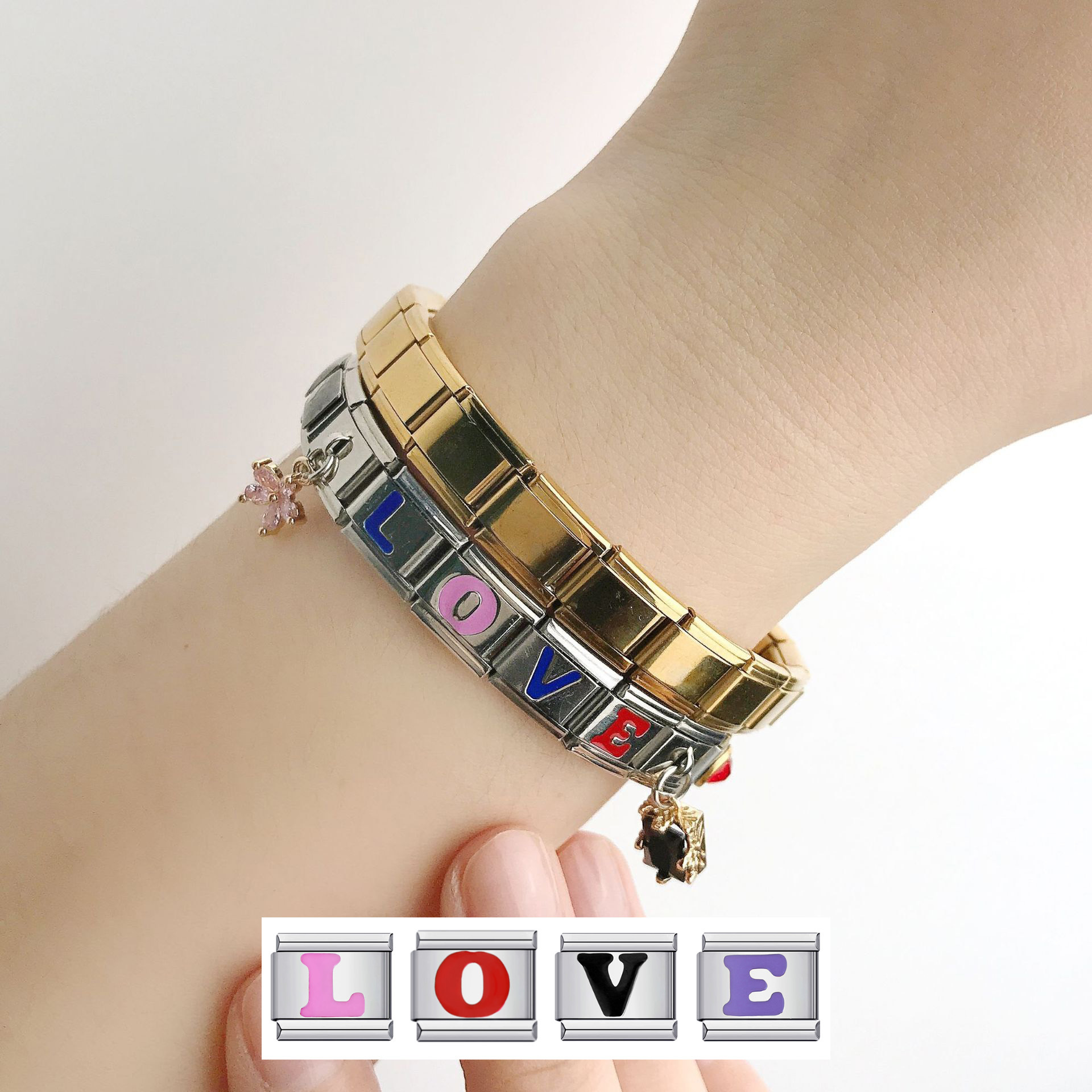 European and American style titanium steel colored drip paint 26 English letter DIY Italian modular bracelet