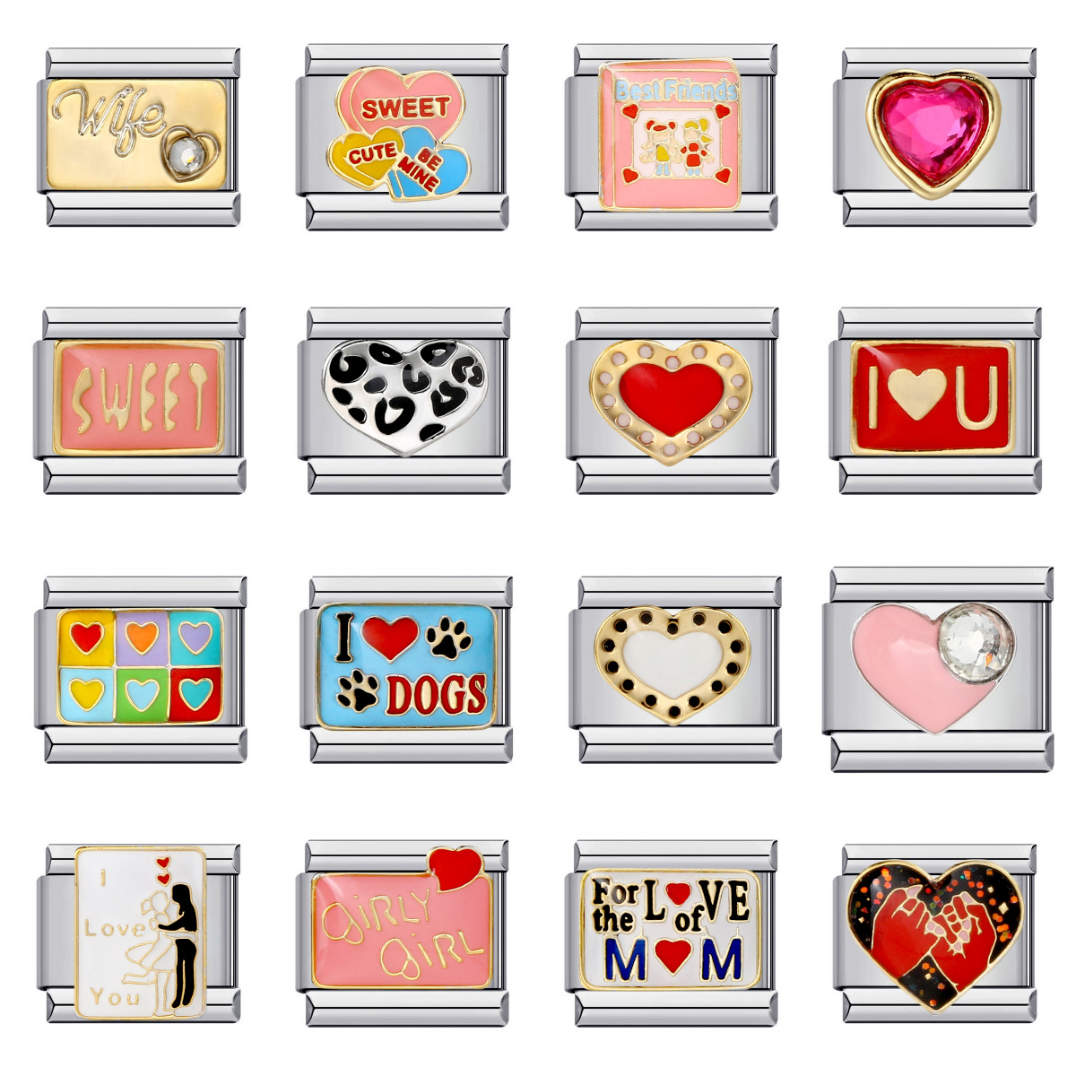 Cross-border hot-selling heart-shaped titanium steel welded oil-dripping bracelet, cartoon DIY Italian modular bracelet wholesale.