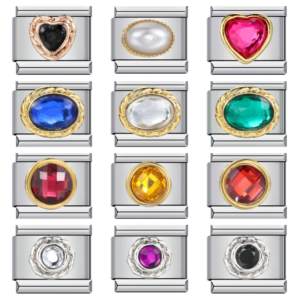 New Micro-Inlaid Colored Zircon Italian Modular Bracelet, Titanium Steel Gold Plated DIY Italian Charms