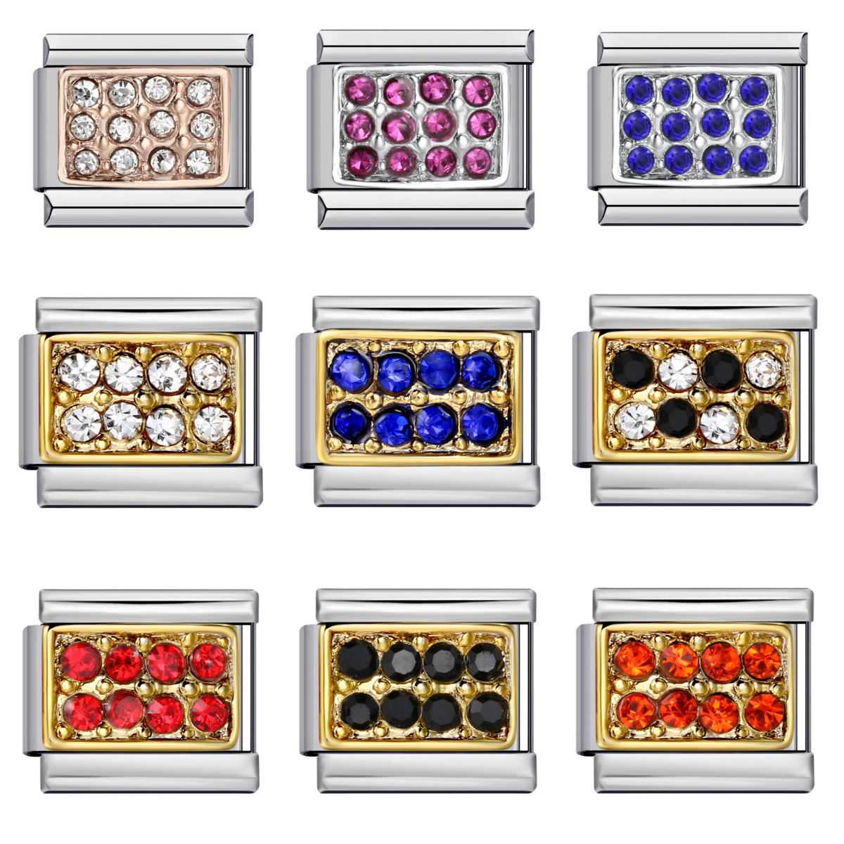 DIY Italian Modular Charm Bracelet with Diamond-Studded Square Stainless Steel