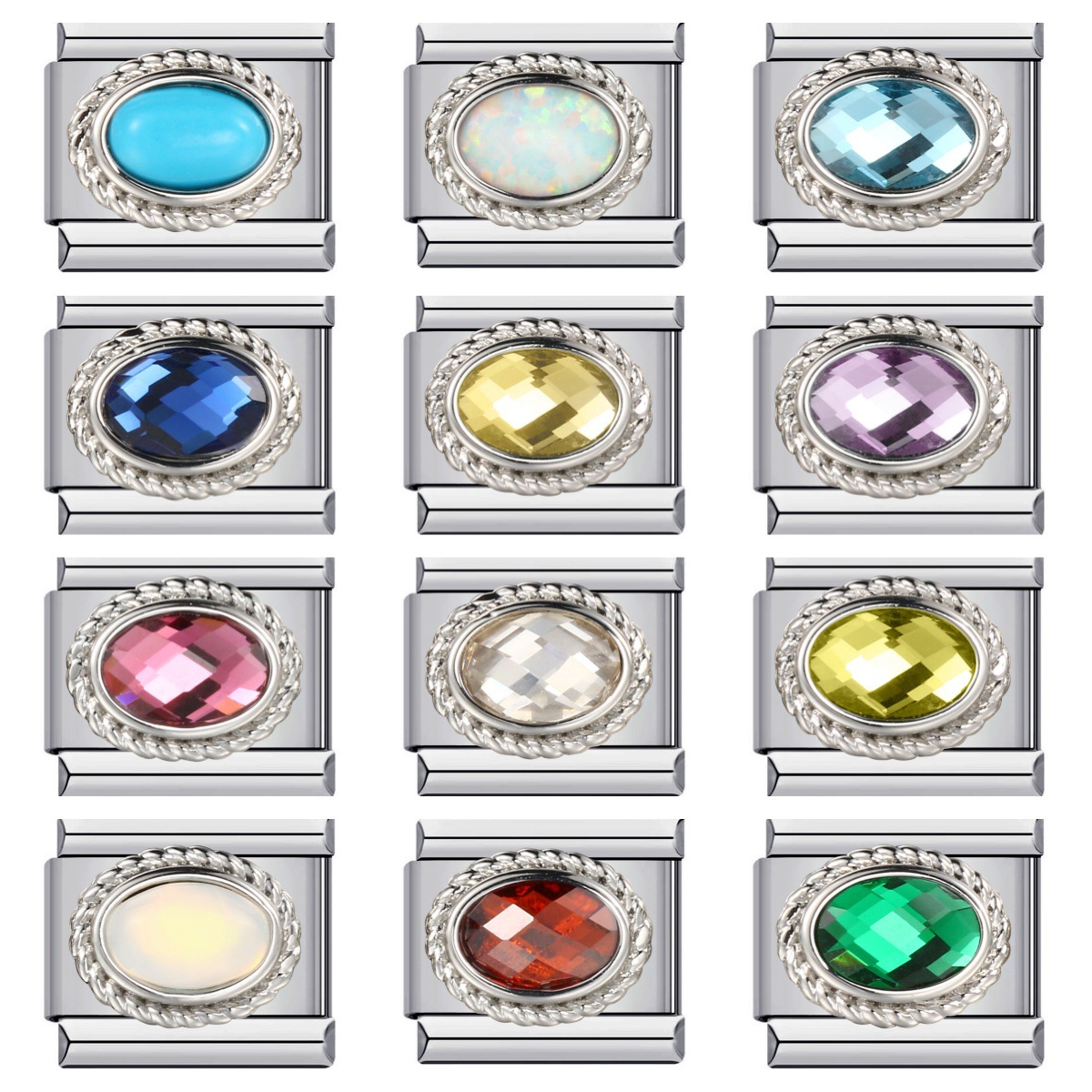 Fashionable 12 Birthstones Italian Modular Bracelet, Stainless Steel Welded Colored Zircon DIY Elastic Bangle