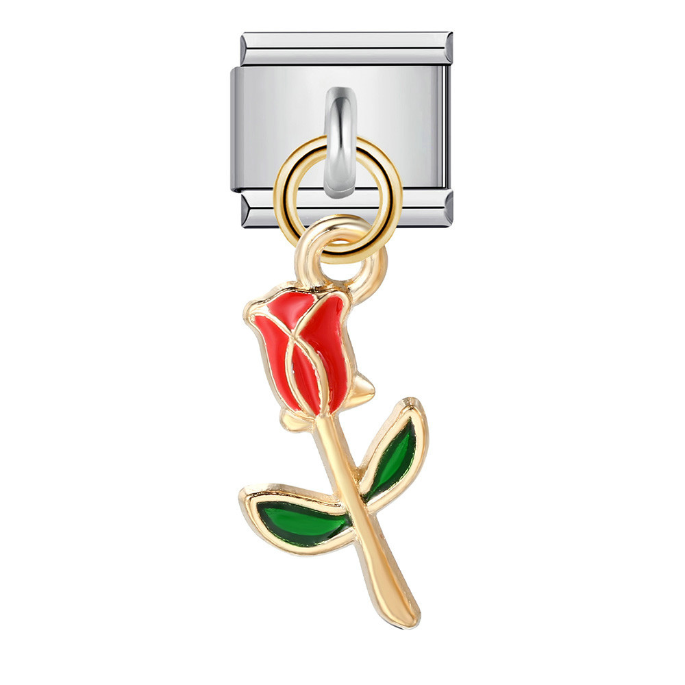 Single silver flower pendant Italian modular bracelet stainless steel gold-plated drip oil DIY hook bangle