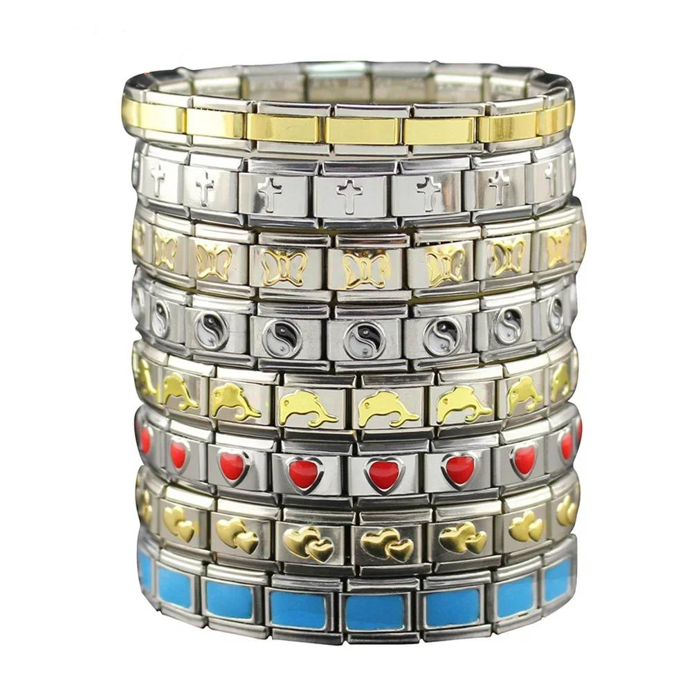 Italian Charms patterned modular bracelet with square elastic titanium steel strap.