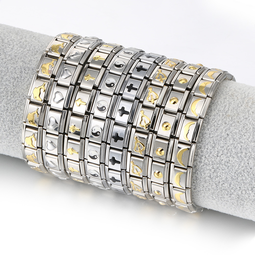 Italian Charms patterned modular bracelet with square elastic titanium steel strap.