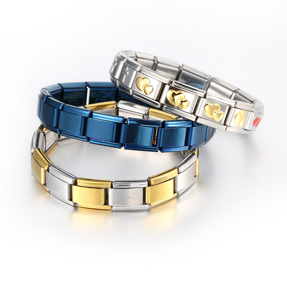 Italian Charms patterned modular bracelet with square elastic titanium steel strap.