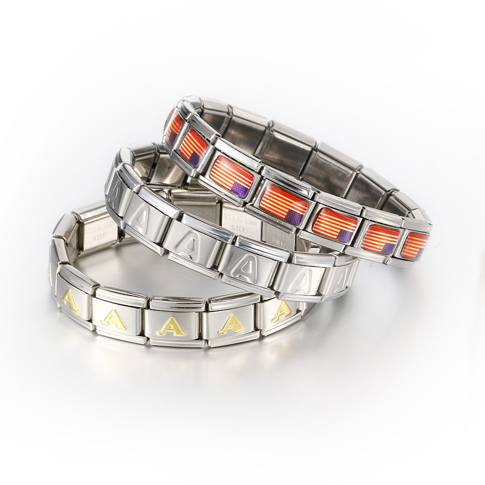 Italian Charms patterned modular bracelet with square elastic titanium steel strap.