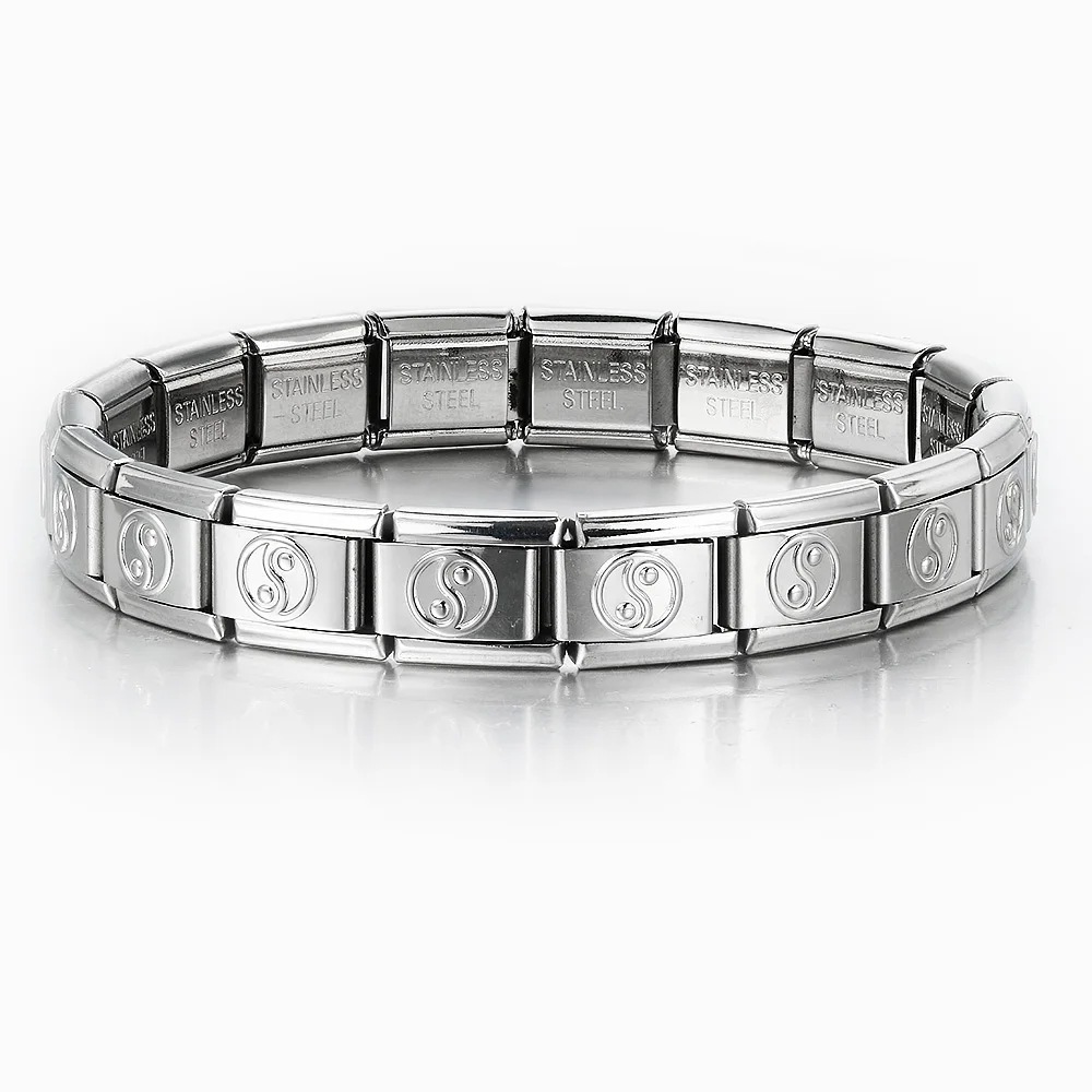 Italian Charms patterned modular bracelet with square elastic titanium steel strap.