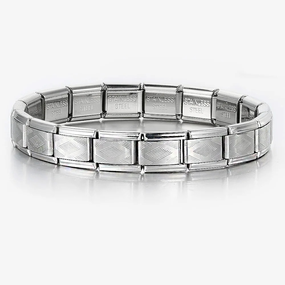 Italian Charms patterned modular bracelet with square elastic titanium steel strap.