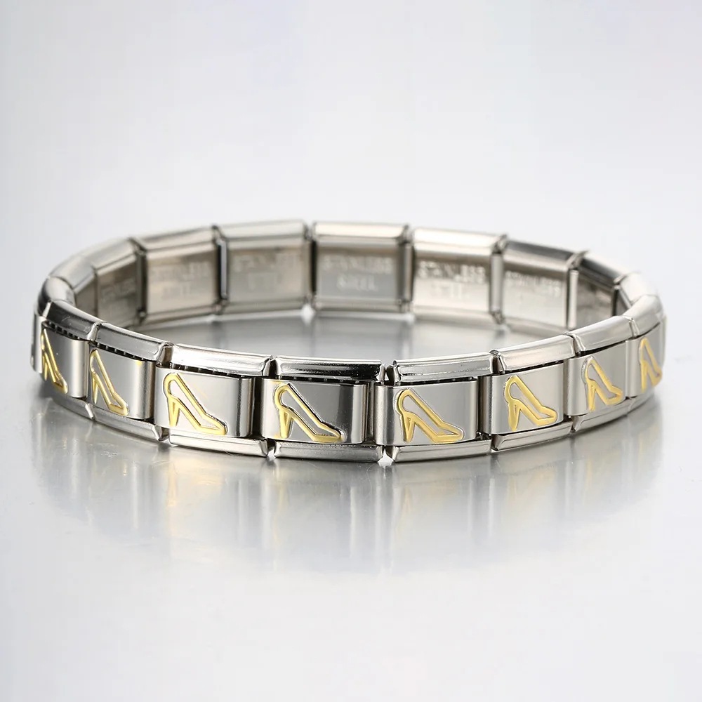 Italian Charms patterned modular bracelet with square elastic titanium steel strap.