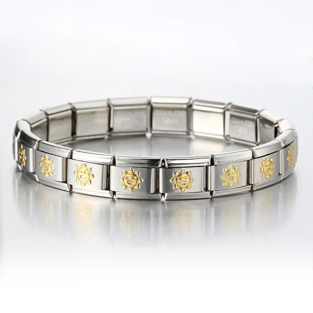 Italian Charms patterned modular bracelet with square elastic titanium steel strap.