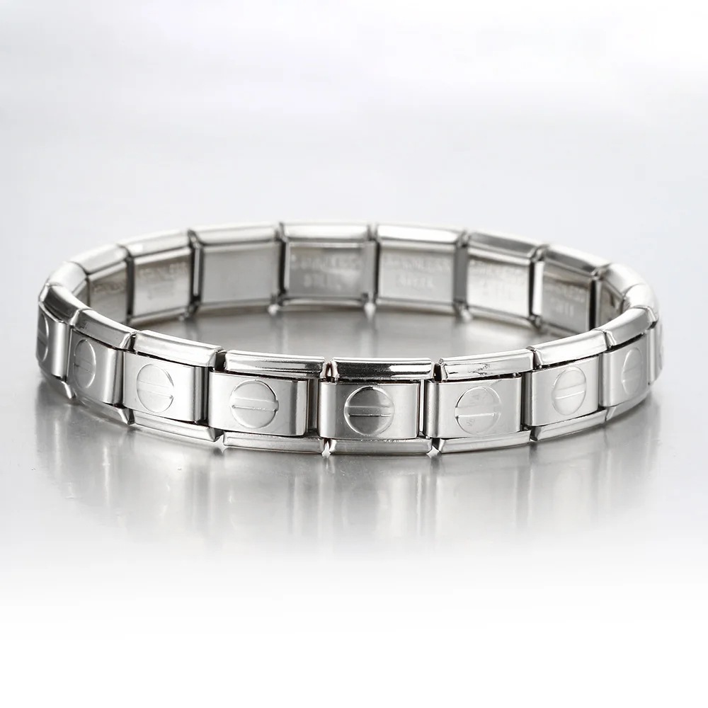 Italian Charms patterned modular bracelet with square elastic titanium steel strap.