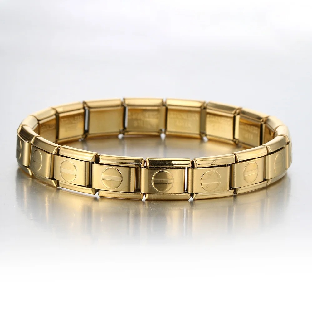 Italian Charms patterned modular bracelet with square elastic titanium steel strap.