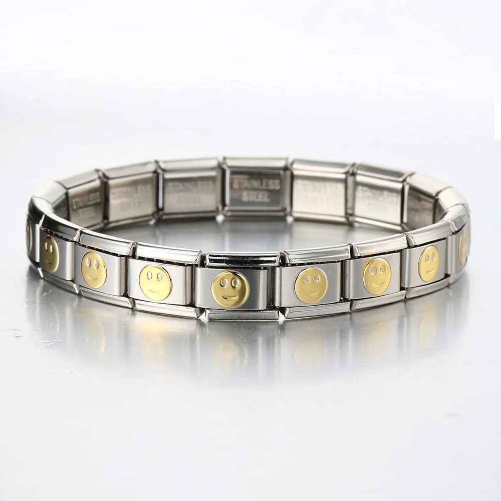 Italian Charms patterned modular bracelet with square elastic titanium steel strap.