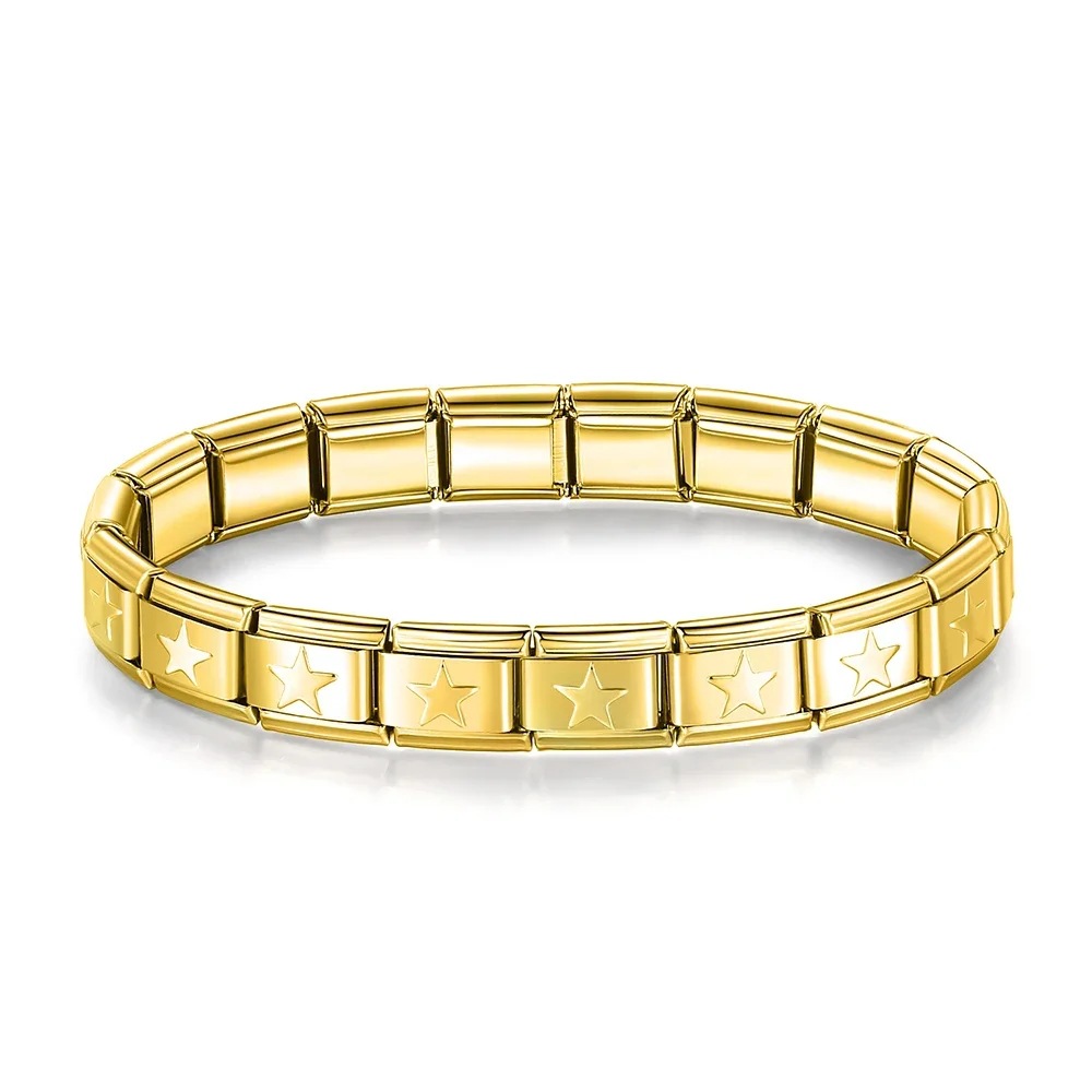Italian Charms patterned modular bracelet with square elastic titanium steel strap.