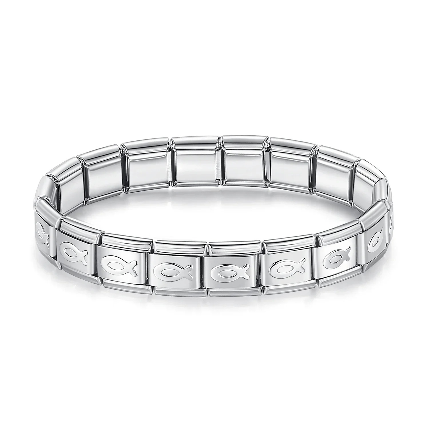 Italian Charms patterned modular bracelet with square elastic titanium steel strap.
