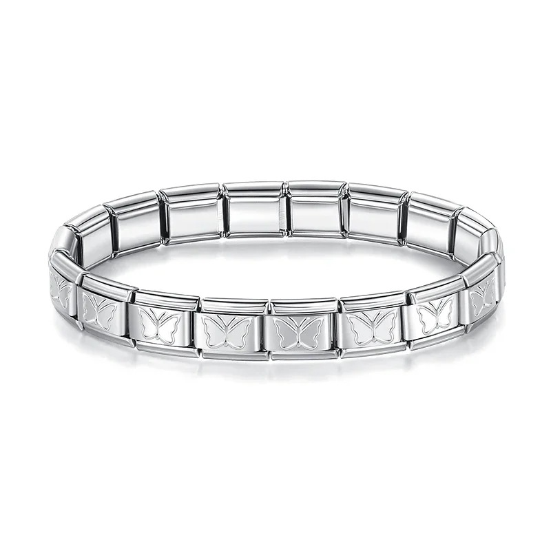 Italian Charms patterned modular bracelet with square elastic titanium steel strap.
