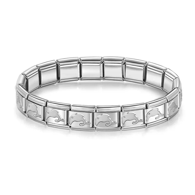 Italian Charms patterned modular bracelet with square elastic titanium steel strap.