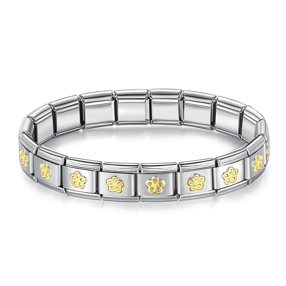 Italian Charms patterned modular bracelet with square elastic titanium steel strap.